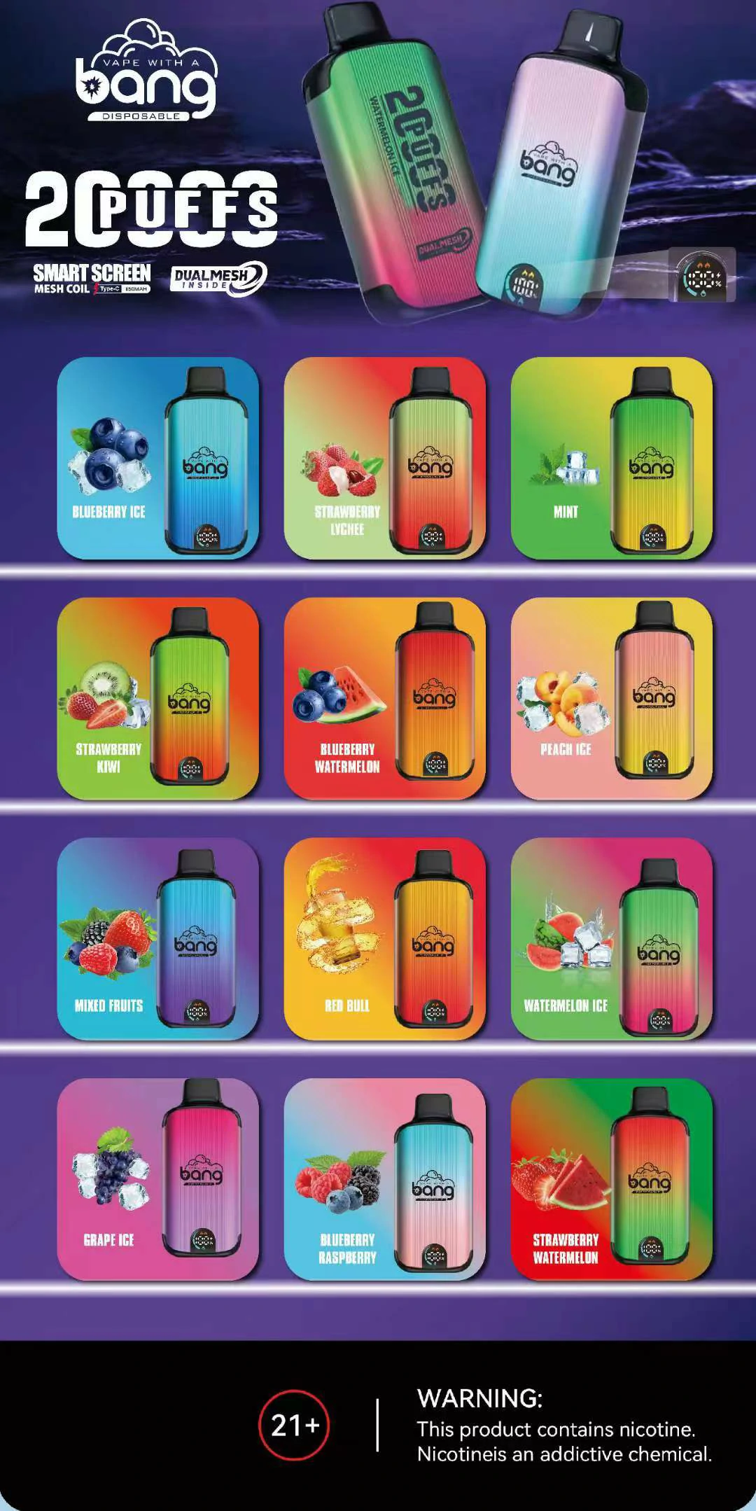 Bang 20000 Digital Screen 0% 2% 3% 5% Low Nicotine Rechargeable Bulk Buy Disposable Vapes Pen Wholesale