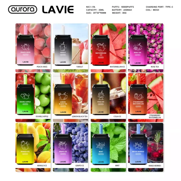 High Quality LAVIE Aurora 11000 Puffs Disposable Vape with Salt Nicotine 2 Percent and 5 Percent and Type C Charging