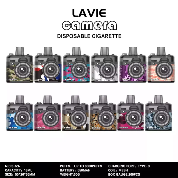 High Quality LAVIE Camera 8000 Puffs Disposable Vape with Type C Charging Support OEM