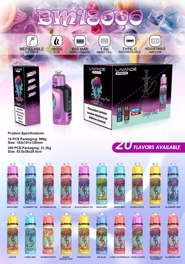 High Quality Lavande BM18000 Puffs with Adjustable Airflow and Type C Charging