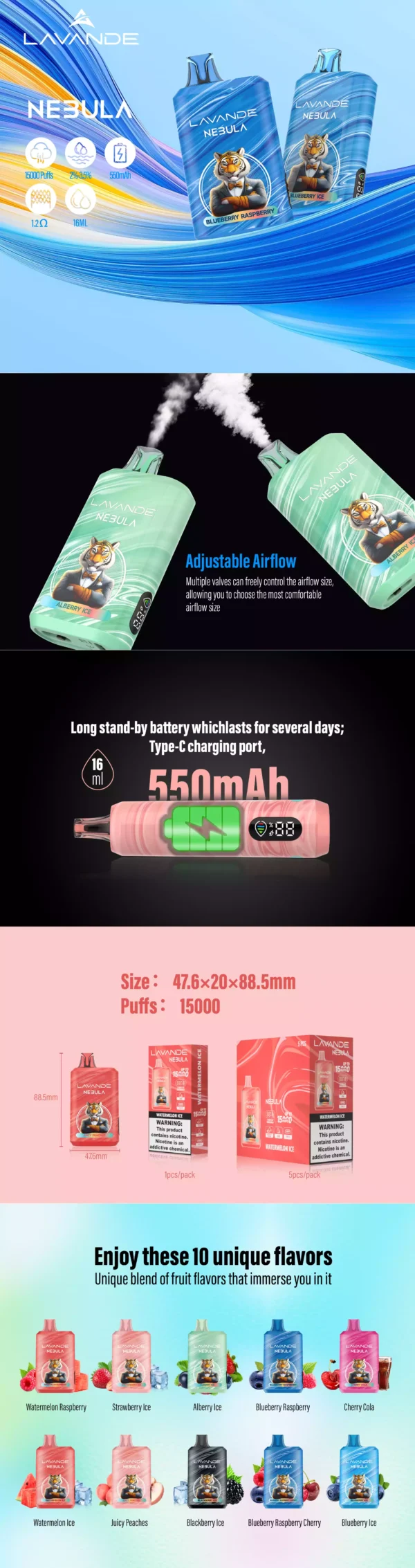High Quality Lavande NEBULA 15000 Puffs Rechargeable Vape with 1.2 Mesh Coil and LED Screen