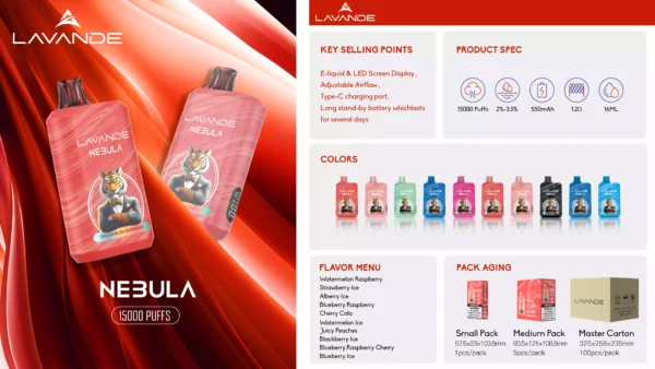High Quality Lavande NEBULA 15000 Puffs Rechargeable Vape with 1.2 Mesh Coil and LED Screen