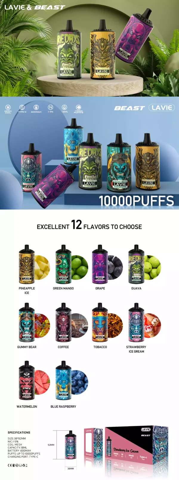High Quality Lavie Rockt 10000 Puffs Disposable Vape with 2 Percent and 5 Percent Salt Nicotine