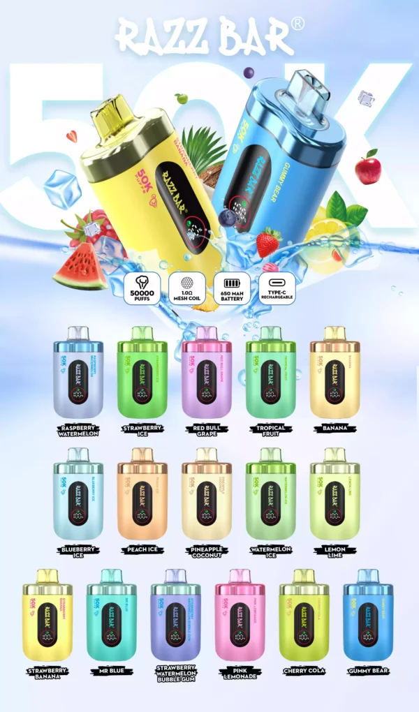 High Quality RazzBar 50K Puffs Rechargeable Disposable Vape with 2 and 5 Percent Nicotine