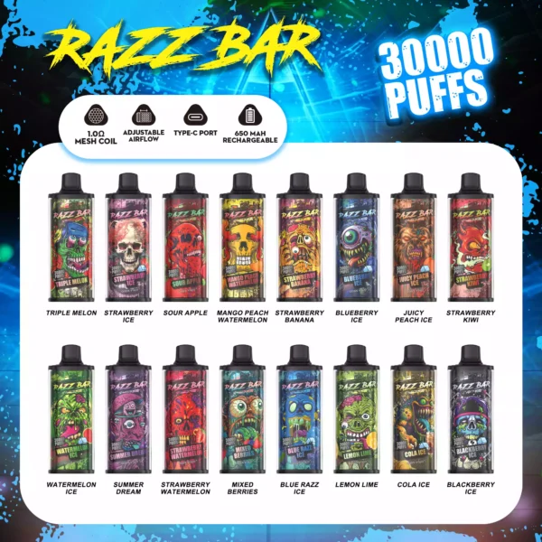 High Quality Razzbar 30000 Puffs Salt Nicotine Available In 2 and 5 Percent